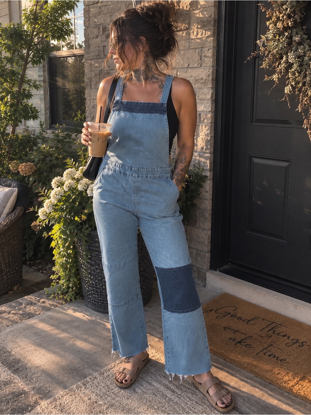 Loup Light Blue Denim Overalls with Dark Blue Knee Patch